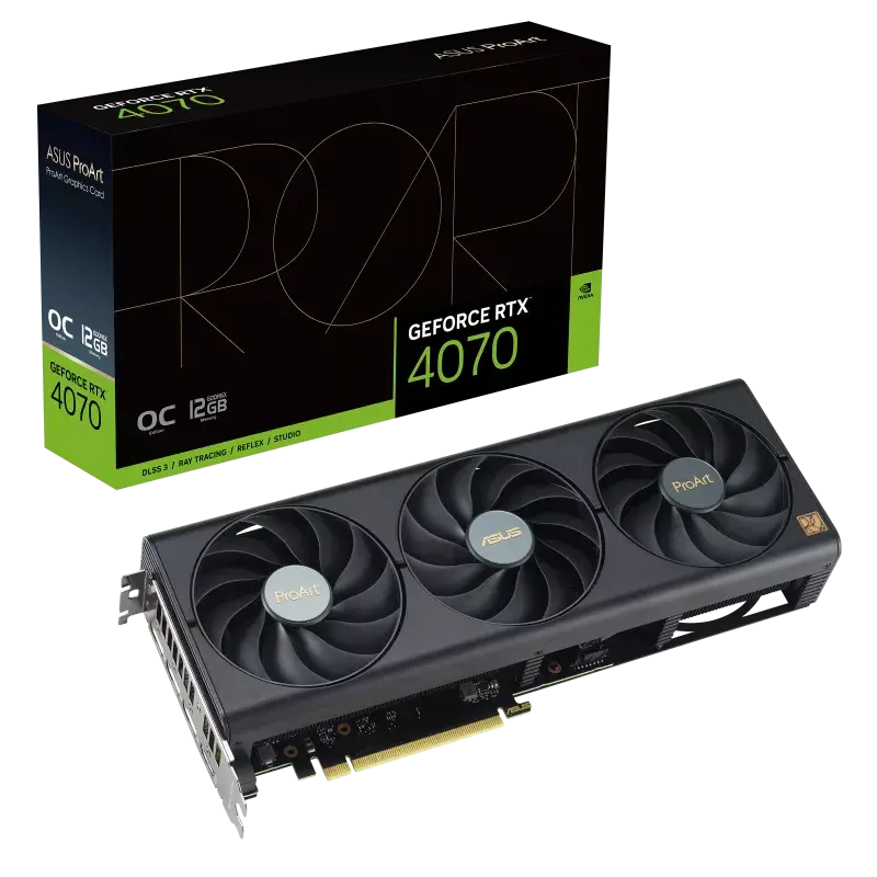 ef59a96e-cdf6-4995-ab36-f573cf51af13.webp Placă Video ASUS PROART-RTX4070-O12G, 12GB GDDR6X 192bit (PROART-RTX4070-O12G) - Image 1