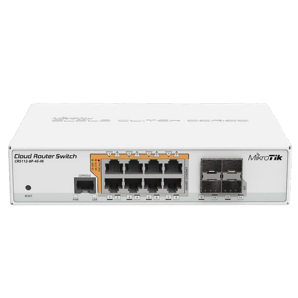 Comutator Router MikroTik CRS112-8P-4S-IN, Alb